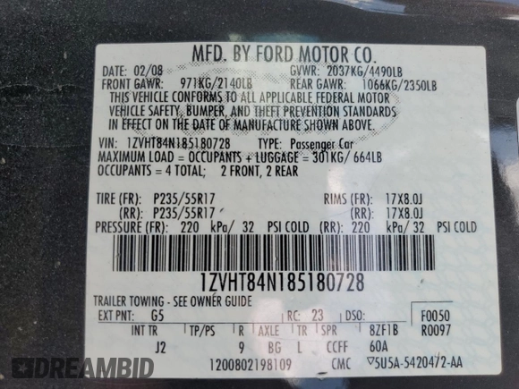 2008 Ford Mustang Deluxe with VIN 1ZVHT84N185180728, listed as a Copart auction lot 56924285 with 93,353 mi miles and Salvage title. Bid and sale history available at DreamBid. Image 12.