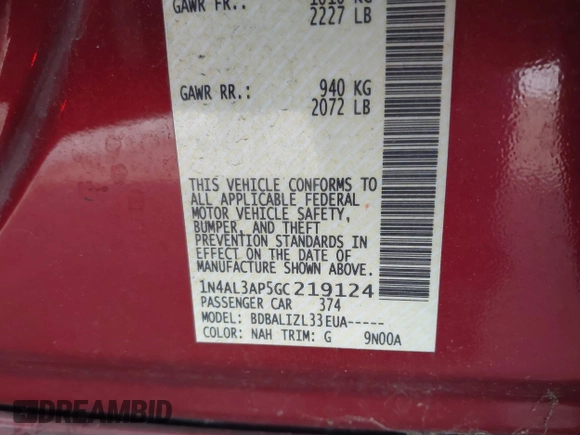 2016 Nissan Altima SR with VIN 1N4AL3AP5GC219124, listed as a IAAI auction lot 41170014 with 101,650 mi miles and . Bid and sale history available at carsss.com. Image 9.