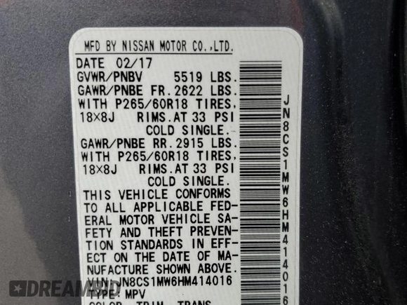2017 Infiniti QX70 z VIN JN8CS1MW6HM414016, wystawiony jako Copart lot #57485265 z przebiegiem 102 017 mil mil oraz Szkoda całkowita • Salvage title. Historia ofert i sprzedaży dostępna na DreamBid. Obrazek 14.