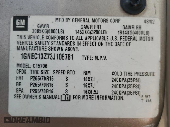 2003 Chevrolet Tahoe LS with VIN 1GNEC13Z73J108781, listed as a Copart auction lot 59370715 with Not provided miles and Salvage title. Bid and sale history available at DreamBid. Image 13.