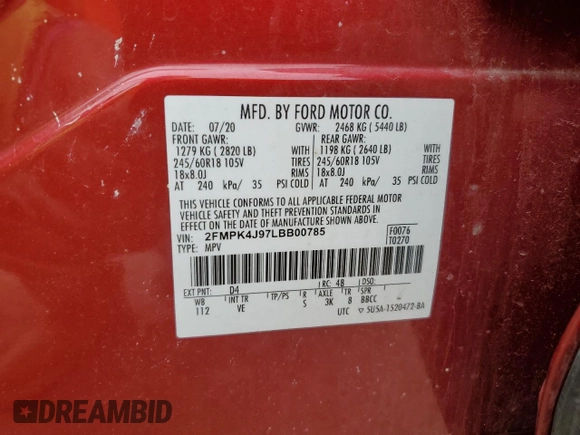 2020 Ford Edge SEL with VIN 2FMPK4J97LBB00785, listed as a Copart auction lot 56460375 with 49,084 mi miles and Non repairable. Bid and sale history available at DreamBid. Image 14.