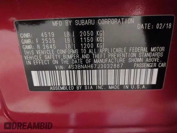 2018 Subaru Legacy Premium with VIN 4S3BNAH67J3032887, listed as a IAAI auction lot 42166319 with 109,249 mi miles and . Bid and sale history available at DreamBid. Image 9.