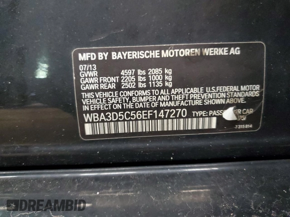 2014 BMW 3 Series 328d xDrive with VIN WBA3D5C56EF147270, listed as a Copart auction lot 47297425 with 159,981 mi miles and Clean Title. Bid and sale history available at carsss.com. Image 12.