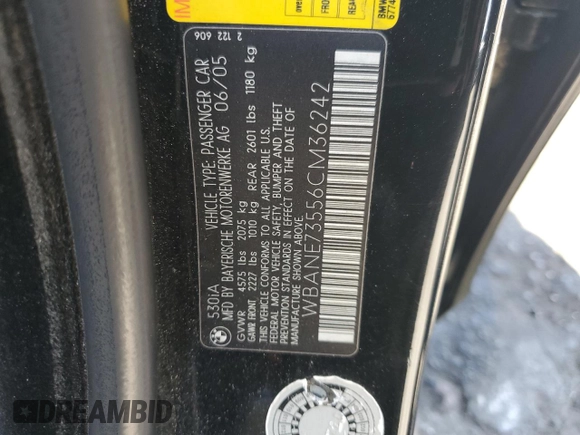 2006 BMW 5 Series 530i with VIN WBANE73556CM36242, listed as a Copart auction lot 52580755 with 162,065 mi miles and Salvage Title. Bid and sale history available at carsss.com. Image 13.