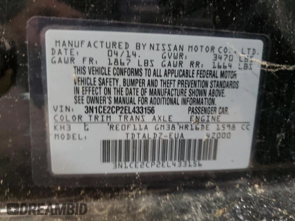 2014 Nissan Note S with VIN 3N1CE2CP2EL433156, listed as a Copart auction lot 51590205 with 163,015 mi miles and Non Repairable. Bid and sale history available at DreamBid. Image 12.