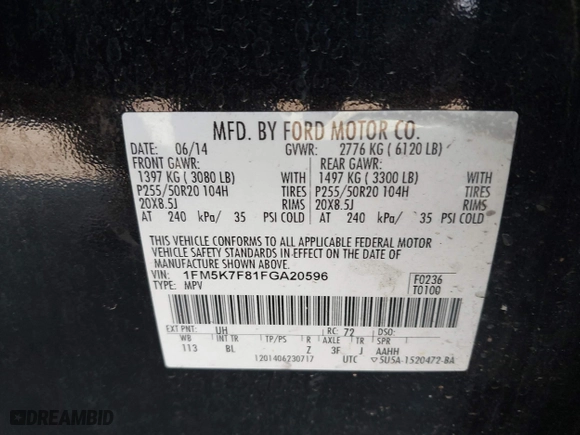 2015 Ford Explorer Limited with VIN 1FM5K7F81FGA20596, listed as a IAAI auction lot 41723174 with 193,992 mi miles. Bid and sale history available at carsss.com. Image 9.