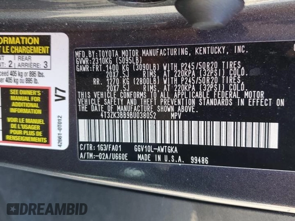 2011 Toyota Venza with VIN 4T3ZK3BB9BU038052, listed as a Copart auction lot 52643565 with 217,468 mi miles and Salvage title. Bid and sale history available at DreamBid. Image 15.