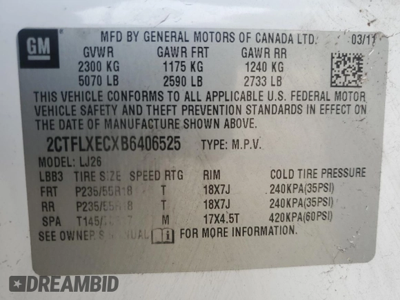 2011 GMC Terrain SLT-2 with VIN 2CTFLXECXB6406525, listed as a Copart auction lot 86180104 with 161,851 mi miles and Non Repairable. Bid and sale history available at DreamBid. Image 12.