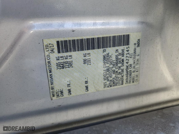 2017 Nissan Maxima SV with VIN 1N4AA6AP0HC427145, listed as a Copart auction lot 89007185 with 85,099 mi miles and Salvage Title. Bid and sale history available at carsss.com. Image 14.