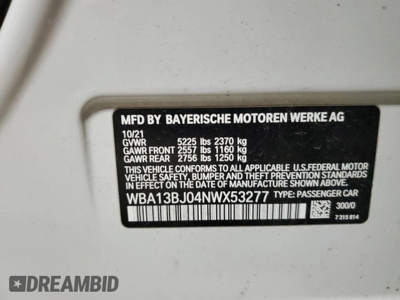 2022 BMW 5 Series 530i xDrive with VIN WBA13BJ04NWX53277, listed as a Copart auction lot 52606425 with 54,944 mi miles and Salvage Title. Bid and sale history available at DreamBid. Image 13.