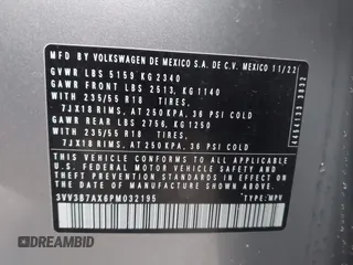 2023 Volkswagen Tiguan SE with VIN 3VV3B7AX6PM032195, listed as a IAAI auction lot 41867087 with 29,860 mi miles and . Bid and sale history available at DreamBid. Image 9.