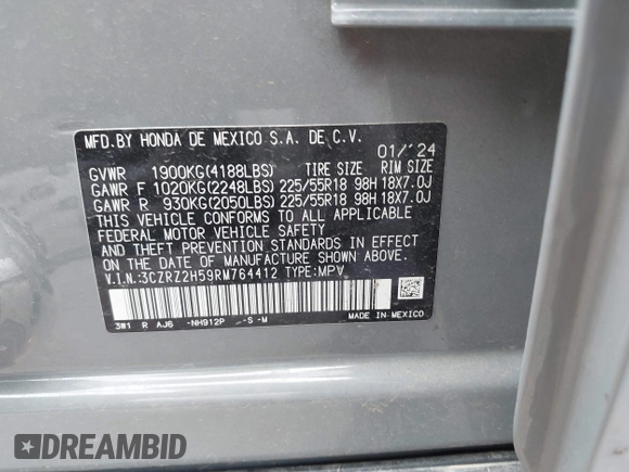 2024 Honda HR-V Sport with VIN 3CZRZ2H59RM764412, listed as a IAAI auction lot 42264334 with 19,406 mi miles and . Bid and sale history available at DreamBid. Image 9.