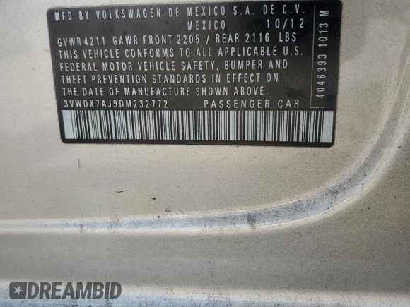 2013 Volkswagen Jetta SE with VIN 3VWDX7AJ9DM232772, listed as a Copart auction lot 61648835 with 158,291 mi miles and Salvage title. Bid and sale history available at DreamBid. Image 12.