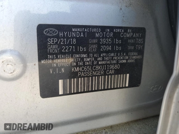 2019 Hyundai Ioniq Blue with VIN KMHC65LC8KU119680, listed as a Copart auction lot 51035695 with 109,913 mi miles and Salvage Title. Bid and sale history available at DreamBid. Image 14.