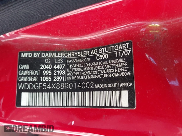 2008 Mercedes-Benz C 300 Sport with VIN WDDGF54X88R014002, listed as a IAAI auction lot 42750713 with 191,553 mi miles and . Bid and sale history available at DreamBid. Image 9.