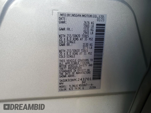 2023 Nissan Pathfinder SL with VIN 5N1DR3CDXPC243701, listed as a Copart auction lot 43455615 with 44,170 mi miles and Salvage title. Bid and sale history available at DreamBid. Image 15.