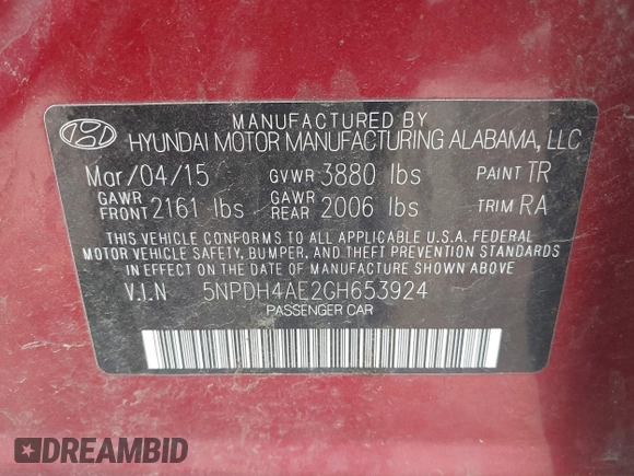 2016 Hyundai Elantra SE with VIN 5NPDH4AE2GH653924, listed as a IAAI auction lot 42496627 with 95,676 mi miles and . Bid and sale history available at DreamBid. Image 9.