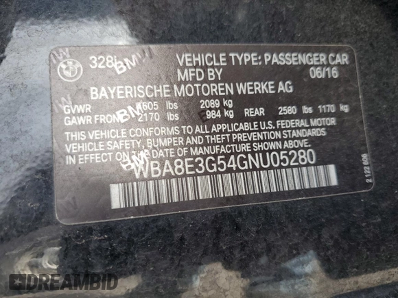 2016 BMW 3 Series 328i xDrive z VIN WBA8E3G54GNU05280, wystawiony jako Copart lot #58144325 z przebiegiem 34 123 mil mil oraz Szkoda całkowita • Salvage title. Historia ofert i sprzedaży dostępna na DreamBid. Obrazek 12.
