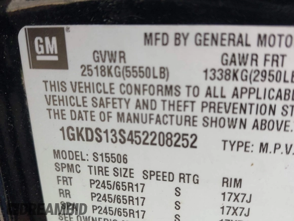 2005 GMC Envoy SLE with VIN 1GKDS13S452208252, listed as a IAAI auction lot 42357457 with 197,419 mi miles and . Bid and sale history available at DreamBid. Image 9.
