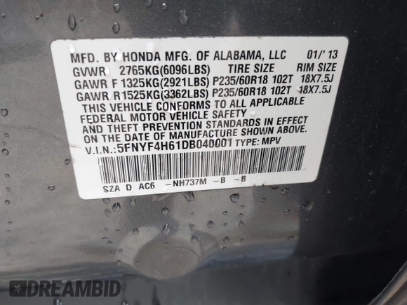 2013 Honda Pilot EX-L with VIN 5FNYF4H61DB040001, listed as a IAAI auction lot 41967020 with 109,862 mi miles and . Bid and sale history available at carsss.com. Image 9.