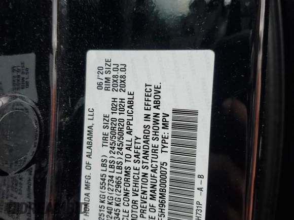 2021 Honda Pilot Touring 8-Passenger with VIN 5FNYF5H96MB000075, listed as a Copart auction lot 79339844 with 53,078 mi miles and Salvage Title. Bid and sale history available at DreamBid. Image 15.
