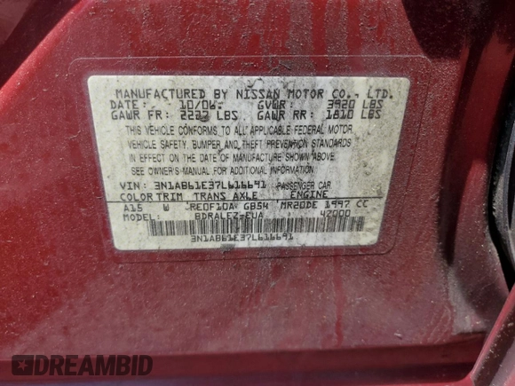 2007 Nissan Sentra S with VIN 3N1AB61E37L616691, listed as a Copart auction lot 59592535 with 163,849 mi miles and Salvage title. Bid and sale history available at DreamBid. Image 13.