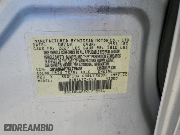 2012 Nissan Sentra 2.0 with VIN 3N1AB6AP7CL779436, listed as a Copart auction lot 57861405 with 184,747 mi miles and Salvage title. Bid and sale history available at DreamBid. Image 12.