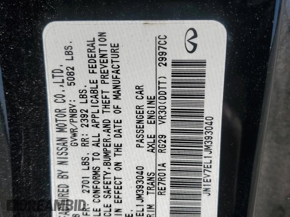 2018 Infiniti Q60 Luxe with VIN JN1EV7EL1JM393040, listed as a Copart auction lot 45486185 with 54,369 mi miles and Salvage Title. Bid and sale history available at DreamBid. Image 12.