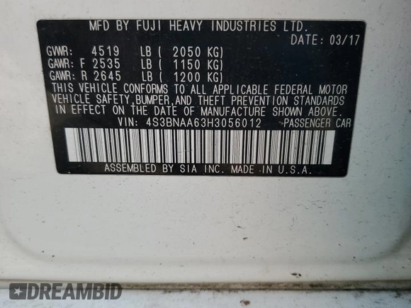 2017 Subaru Legacy with VIN 4S3BNAA63H3056012, listed as a Copart auction lot 57646755 with 179,607 mi miles and Salvage title. Bid and sale history available at DreamBid. Image 12.