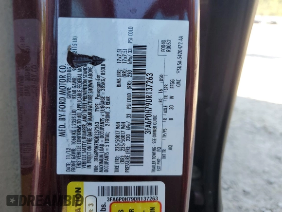 2013 Ford Fusion SE with VIN 3FA6P0H79DR137263, listed as a Copart auction lot 57802465 with 135,037 mi miles and Salvage title. Bid and sale history available at DreamBid. Image 12.