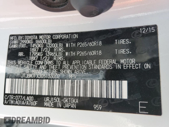 2016 Lexus GX 460 with VIN JTJBM7FX3G5133002, listed as a Copart auction lot 52897155 with 127,111 mi miles and Salvage title. Bid and sale history available at DreamBid. Image 13.