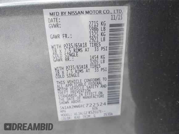 2015 Nissan Pathfinder S с VIN 5N1AR2MN6FC722524, выставлен на аукционе IAAI как лот 42178396 с пробегом 112 564 миль миль и . История ставок и продаж доступна на DreamBid. Изображение 9.