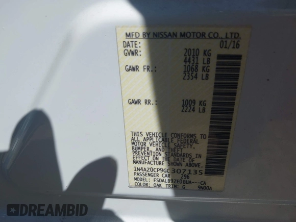 2016 Nissan LEAF S with VIN 1N4AZ0CP9GC307135, listed as a IAAI auction lot 41991588 with 50,834 mi miles. Bid and sale history available at carsss.com. Image 9.