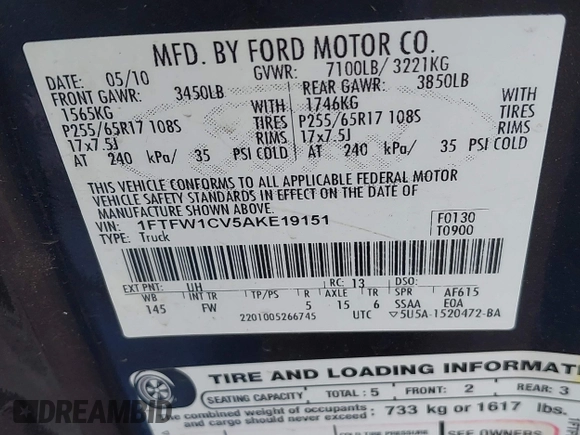 2010 Ford F-150 XL with VIN 1FTFW1CV5AKE19151, listed as a IAAI auction lot 41838865 with 169,250 mi miles. Bid and sale history available at carsss.com. Image 9.