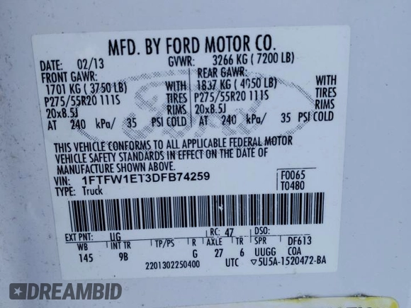 2013 Ford F-150 XL with VIN 1FTFW1ET3DFB74259, listed as a Copart auction lot 44610155 with 217,551 mi miles and Clean Title. Bid and sale history available at carsss.com. Image 12.