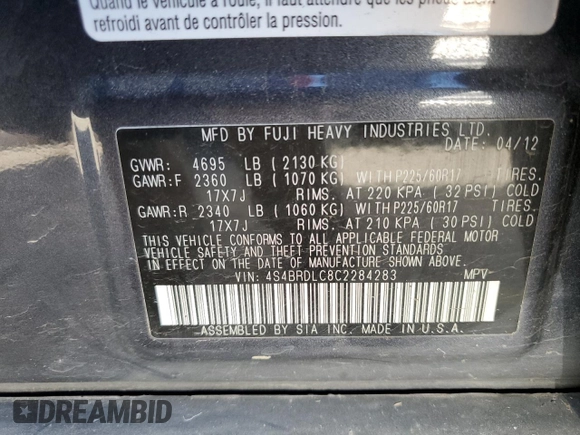2012 Subaru Outback Limited z VIN 4S4BRDLC8C2284283, wystawiony jako Copart lot #53020695 z przebiegiem 134 238 mil mil oraz Szkoda całkowita • Salvage title. Historia ofert i sprzedaży dostępna na DreamBid. Obrazek 12.
