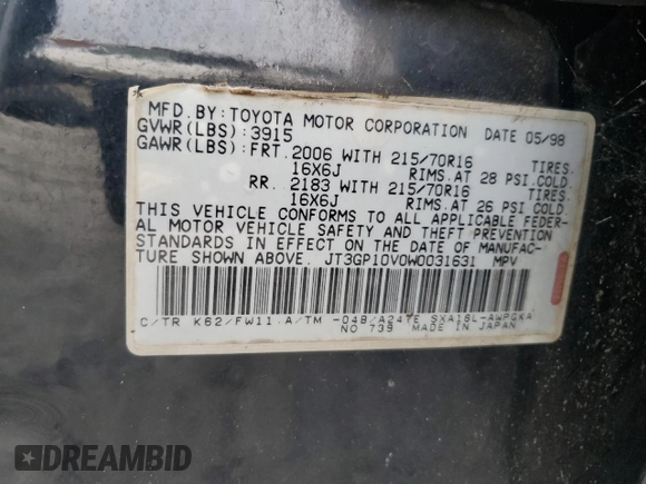 1998 Toyota RAV4 with VIN JT3GP10V0W0031631, listed as a Copart auction lot 79881314 with 377,924 mi miles and Salvage title. Bid and sale history available at DreamBid. Image 13.