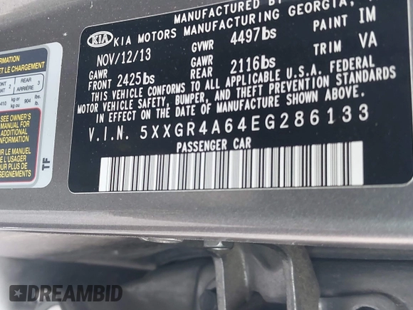 2014 Kia Optima SX Turbo with VIN 5XXGR4A64EG286133, listed as a IAAI auction lot 41489575 with 68,573 mi miles and . Bid and sale history available at DreamBid. Image 9.