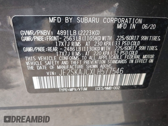2020 Subaru Forester Premium with VIN JF2SKAJCXLH577546, listed as a IAAI auction lot 42594599 with 55,168 mi miles and . Bid and sale history available at DreamBid. Image 9.