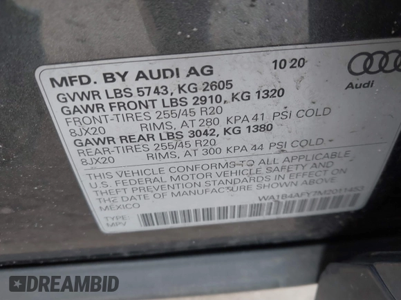 2021 Audi SQ5 Premium Plus with VIN WA1B4AFY7M2011453, listed as a IAAI auction lot 41768561 with 45,596 mi miles. Bid and sale history available at carsss.com. Image 9.