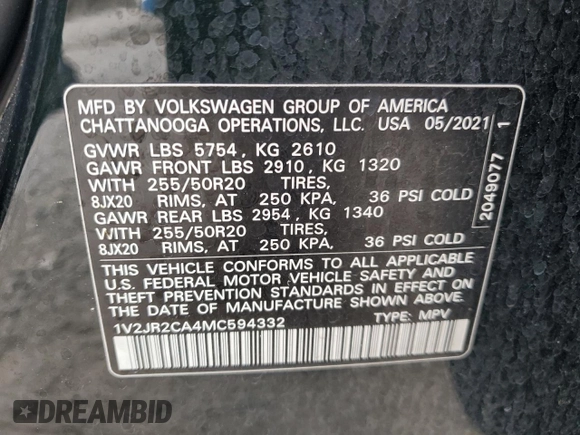 2021 Volkswagen Atlas SE with VIN 1V2JR2CA4MC594332, listed as a Copart auction lot 51476535 with 35,738 mi miles and Non repairable. Bid and sale history available at DreamBid. Image 13.