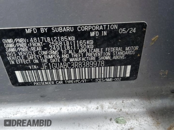 2024 Subaru Impreza with VIN JF1GUABC3R8389978, listed as a Copart auction lot 73336894 with 2,182 mi miles and Salvage Title. Bid and sale history available at carsss.com. Image 13.