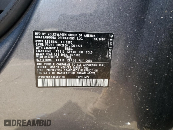 2018 Volkswagen Atlas SE with VIN 1V2CP2CAXJC595138, listed as a Copart auction lot 53456855 with 161,976 mi miles and Clean title. Bid and sale history available at DreamBid. Image 13.