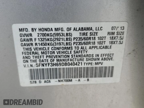 2013 Honda Pilot EX-L с VIN 5FNYF3H69DB040421, выставлен на аукционе Copart как лот 57648585 с пробегом 177 447 миль миль и Списание • Salvage title. История ставок и продаж доступна на DreamBid. Изображение 13.