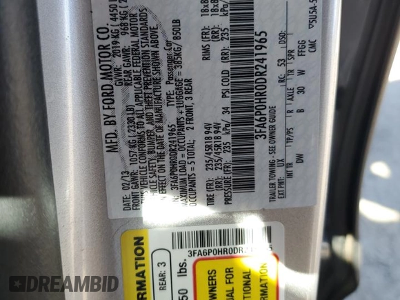 2013 Ford Fusion SE with VIN 3FA6P0HR0DR241965, listed as a Copart auction lot 89146685 with 86,490 mi miles and Clean Title. Bid and sale history available at carsss.com. Image 12.