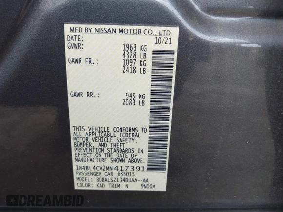 2021 Nissan Altima SR with VIN 1N4BL4CV2MN417391, listed as a IAAI auction lot 42074358 with 29,773 mi miles and . Bid and sale history available at carsss.com. Image 9.