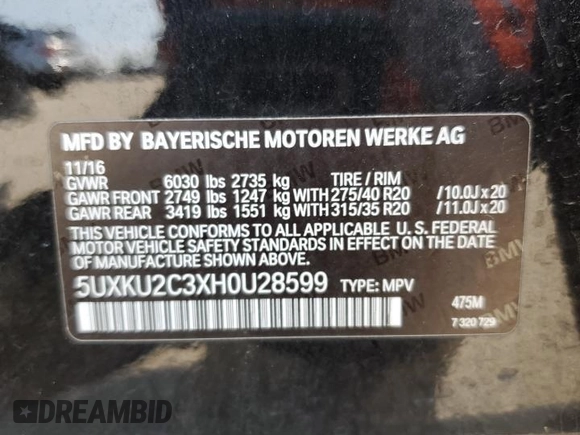 2017 BMW X6 xDrive35i with VIN 5UXKU2C3XH0U28599, listed as a Copart auction lot 53713523 with 78,052 mi miles. Bid and sale history available at carsss.com. Image 15.