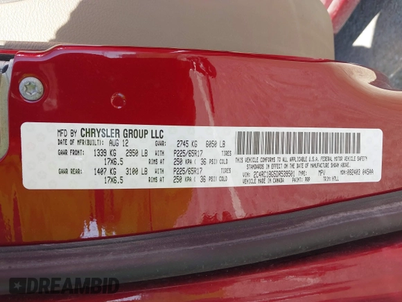 2013 Chrysler Town & Country Touring with VIN 2C4RC1BG5DR539501, listed as a IAAI auction lot 41828569 with 166,394 mi miles. Bid and sale history available at carsss.com. Image 9.