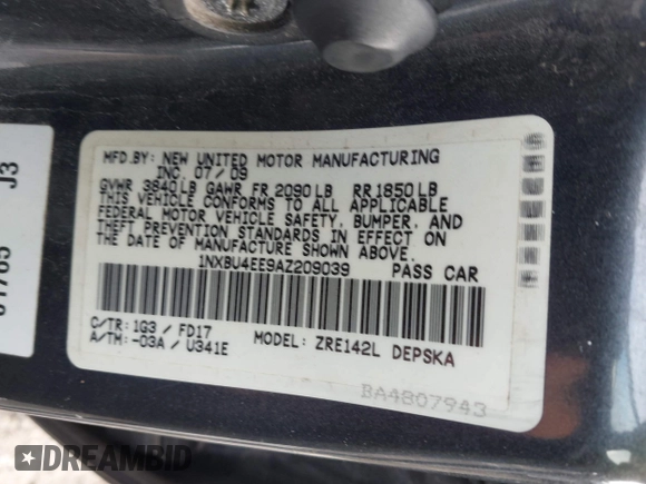 2010 Toyota Corolla with VIN 1NXBU4EE9AZ209039, listed as a IAAI auction lot 42215945 with 266,394 mi miles and . Bid and sale history available at DreamBid. Image 9.