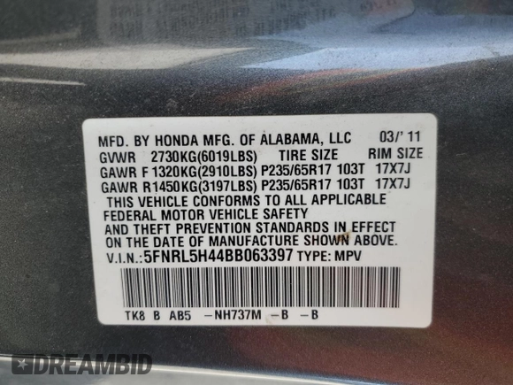 2011 Honda Odyssey EX с VIN 5FNRL5H44BB063397, выставлен на аукционе Copart как лот 50089575 с пробегом 249 959 миль миль и Списание • Salvage title. История ставок и продаж доступна на DreamBid. Изображение 13.